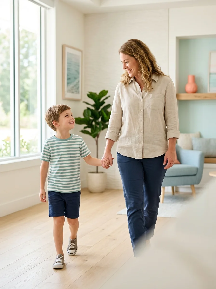 Parent and child walking together in a bright, welcoming family-centered space