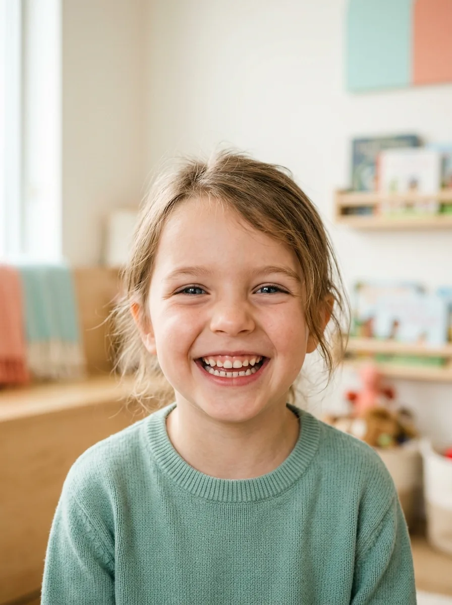 Young child smiling widely in a welcoming pediatric environment