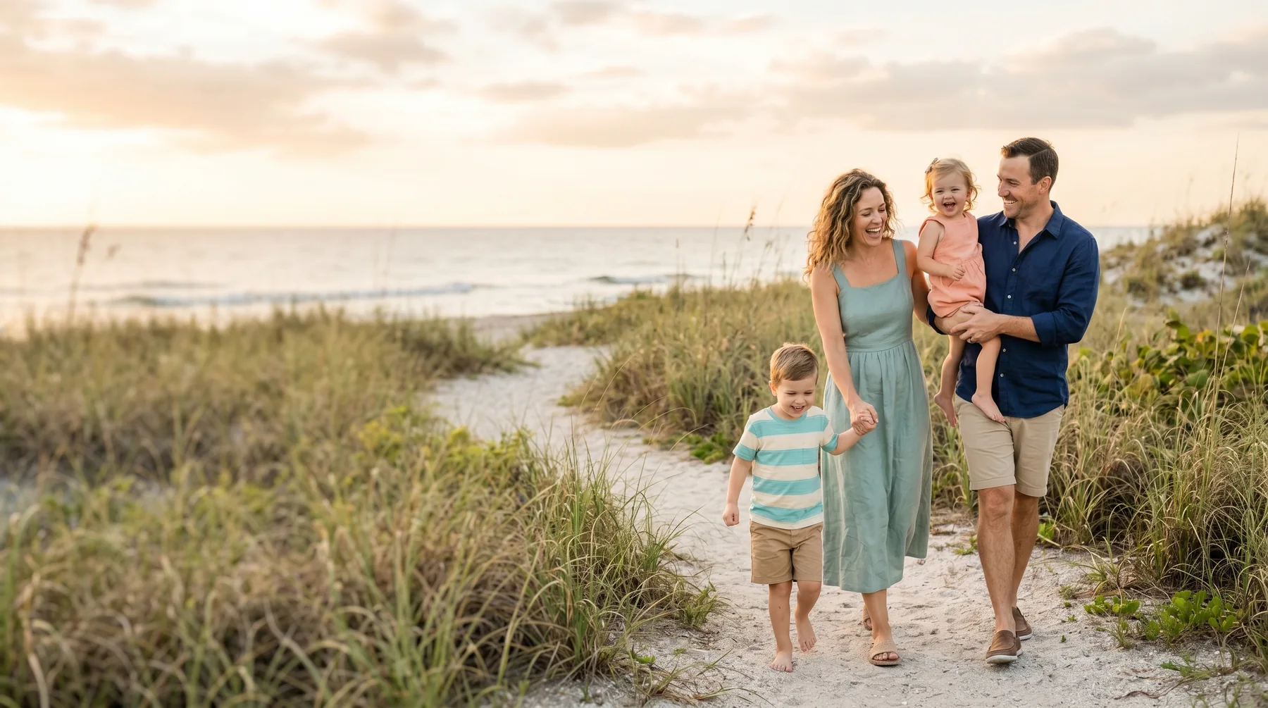 Family walking together near the Treasure Coast at golden hour